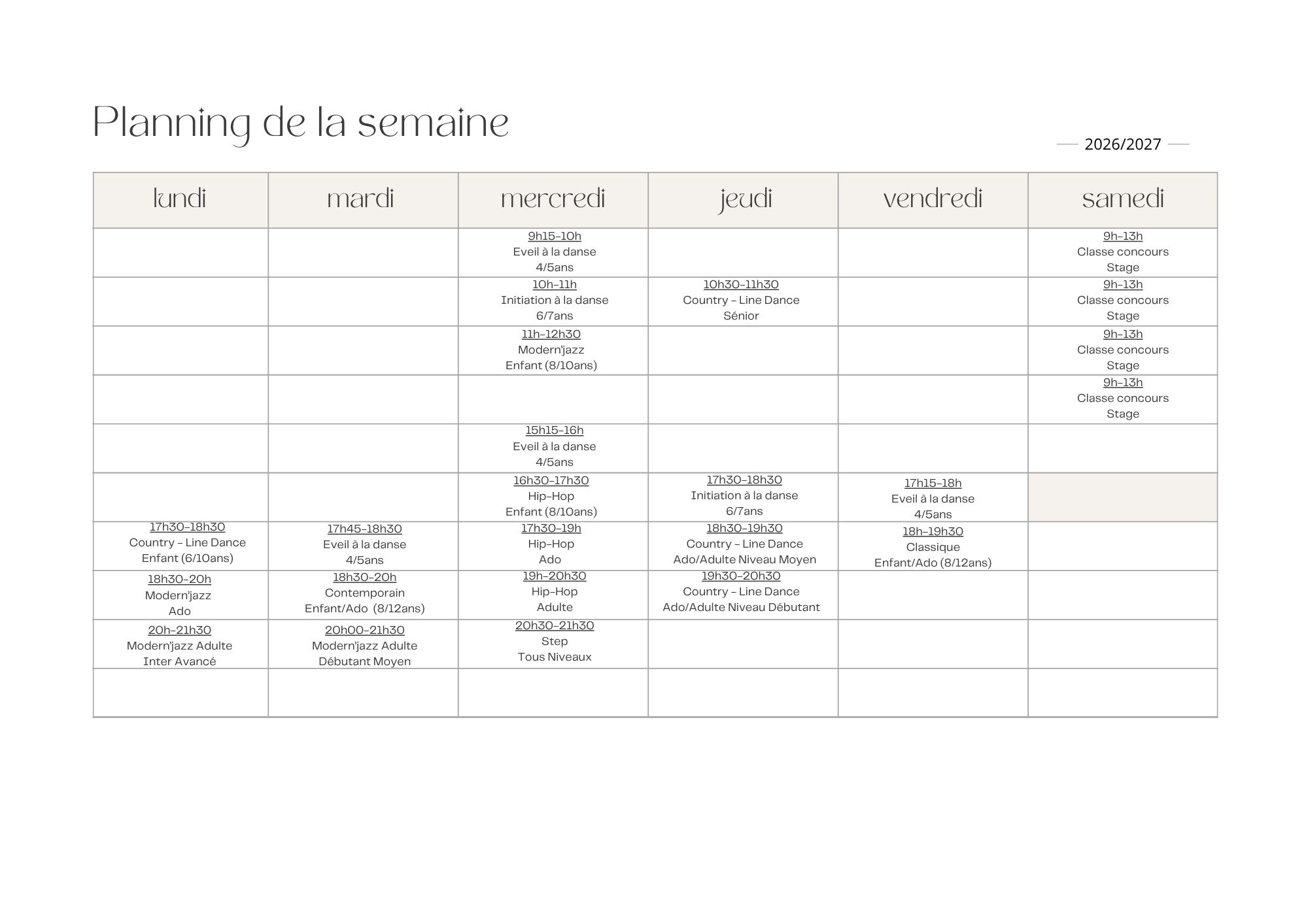 planning des cours